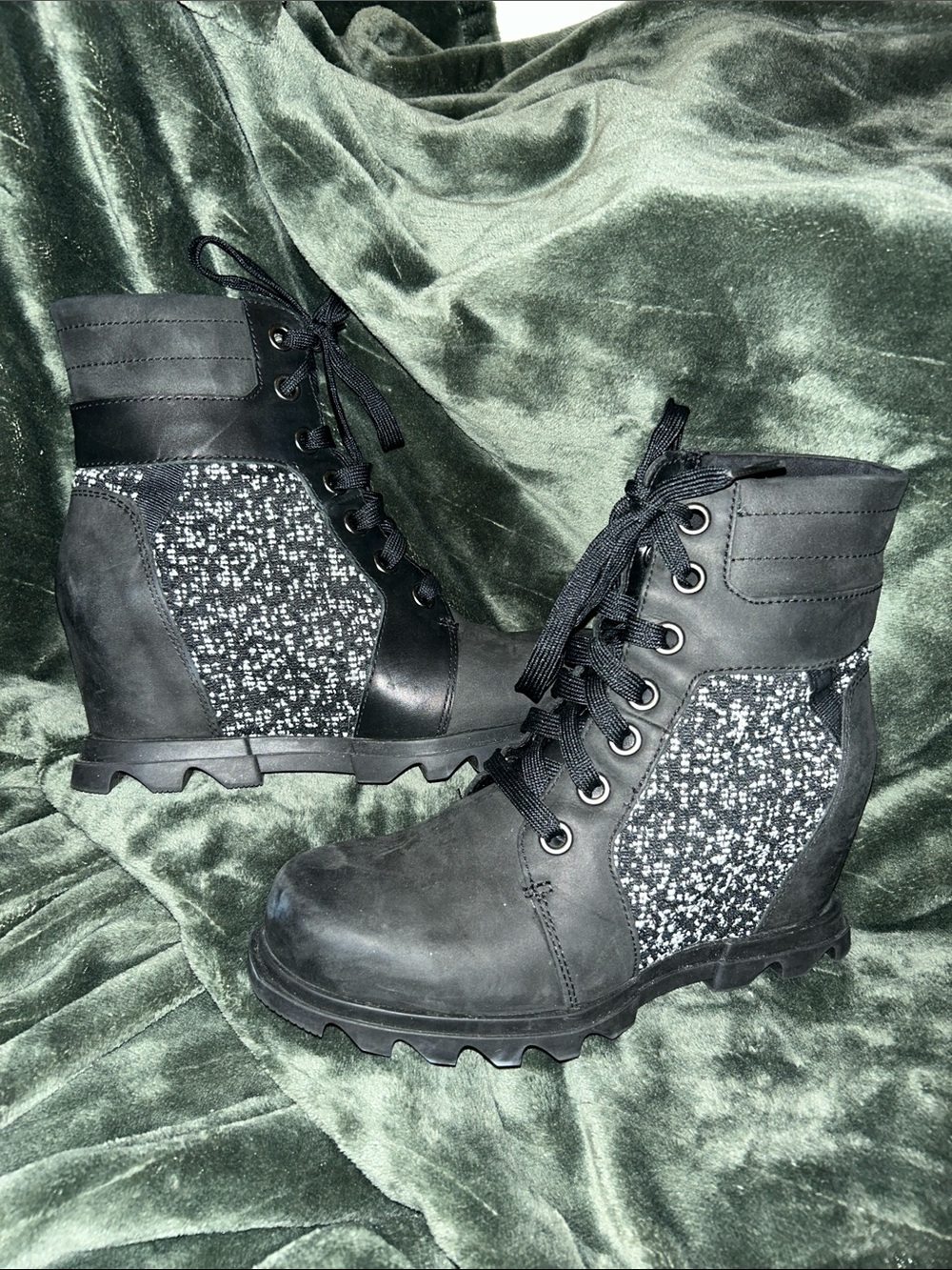 Sorel Black Lace-Up Wedge Boots with Tweed Panels